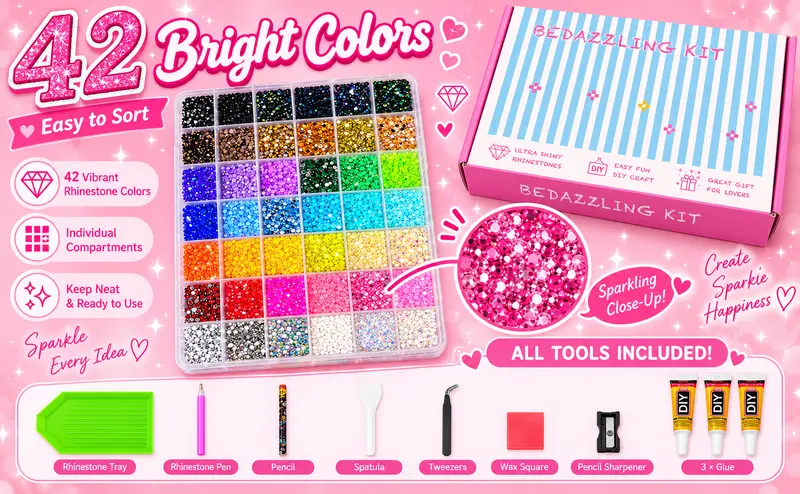 Glitter Rhinestone Bedazzling Kit - 42000 Pieces 42Colors 3mm Round Resin Jelly Sparkly Rhinestones Assortment, Nail Tech Supplies, DIY Crafts Accessory, Gifts for Women,The Perfect Holiday Gift