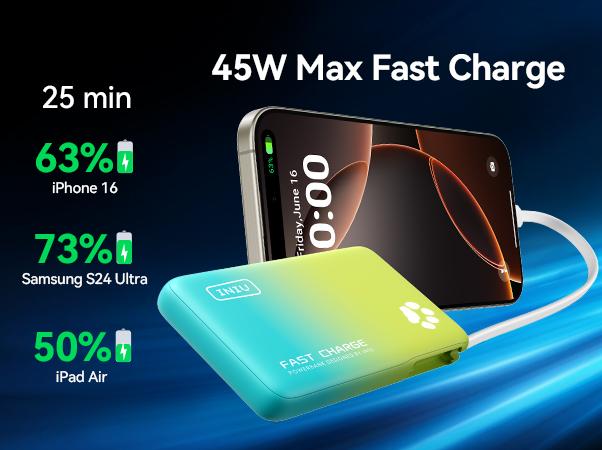 INIU【2 PACK】PawGO 45W 10000mAh Power bank, Slim PD Fast Charging Portable Charger with Build in USB-C Cable,  Perfect Gift Travel Camping Battery Pack, External Phone Charger for iPhone 17 16 15 14 13 12 11 Series Samsung Google Pixel iPad Compact Handy