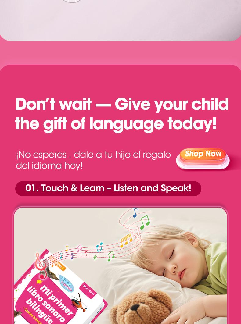 Interactive Talking Sound Picture Book for Kids , Spanish & English Bilingual, 300+ Words15 Themes6 Songs Q&A Learning Games, Screen-Free Preschool Educational Toy for Toddlers, Early Learning at Home & Travel, Valentines Day Gifts for Kids Animals