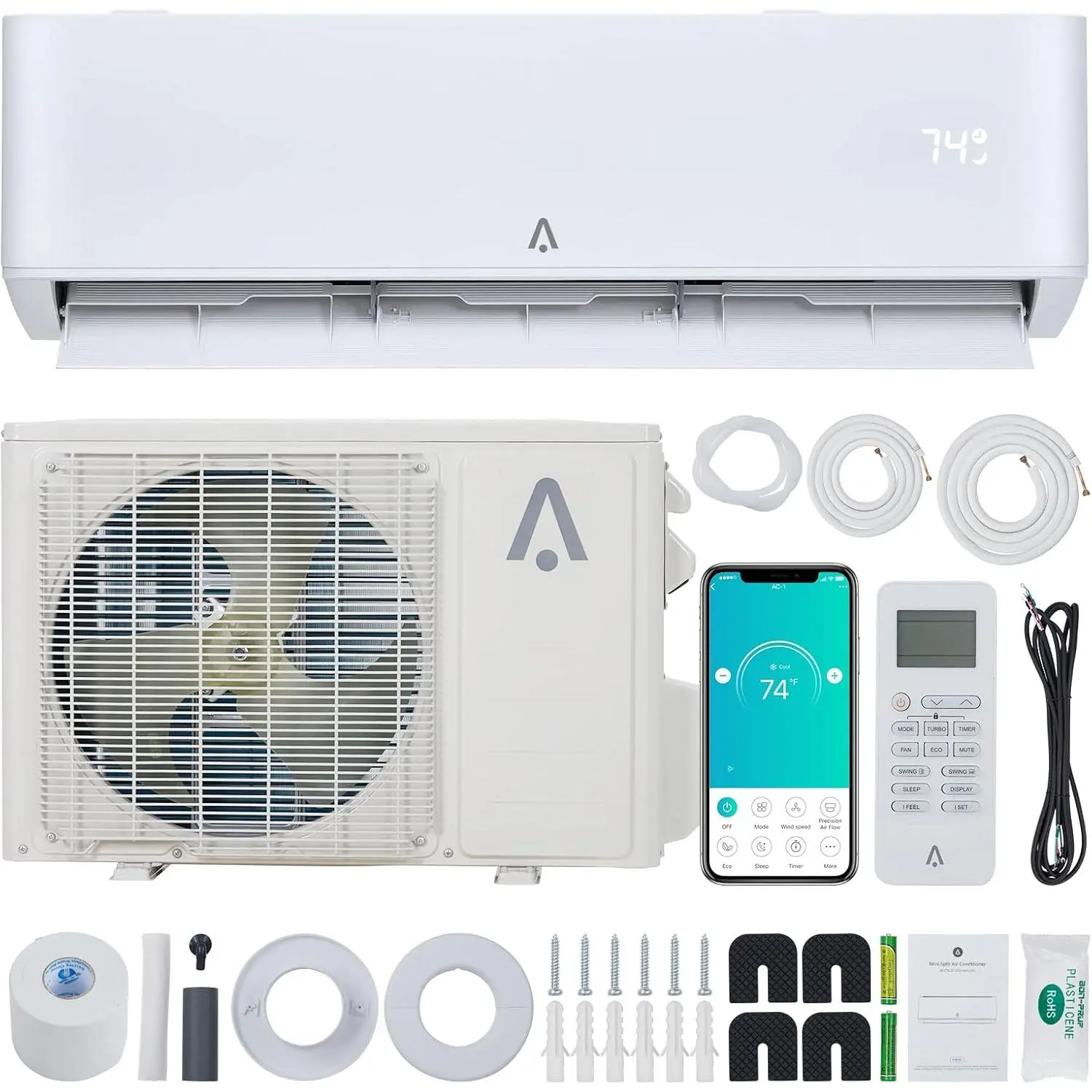 9,000 BTU 23 SEER Mini Split Air Conditioner & Heat Pump, Ductless Inverter System with 16.4 ft Installation Kit, Wall Mount AC Unit Cools Up to 450 Sq. Ft