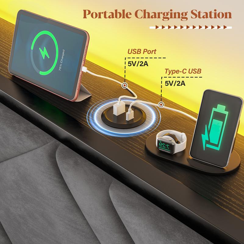 6 Drawers LED Bed Frame with Storage Shelf, Wood Luxury Platform Bed Frames with USB Port Charging Station & Upholstered Headboard for Queen, Full, Holds 1000lBS, No Box Spring Needed, Gray, Rustic Brown