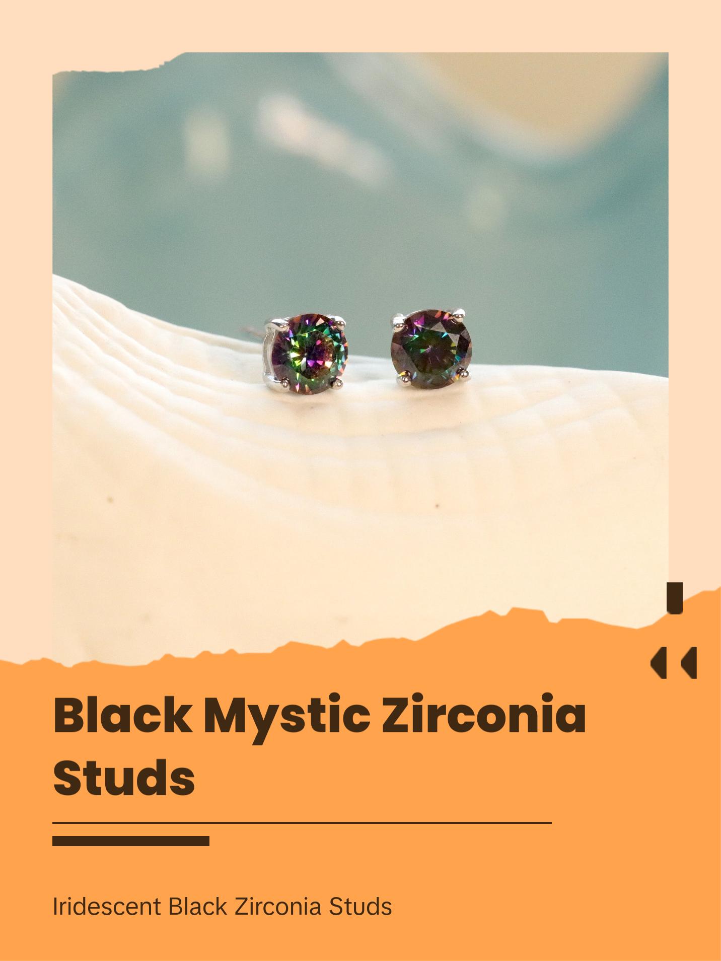 Black Mystic Cubic Zirconia Solitaire Stud Earrings Sterling Silver, Gemstone Earrings