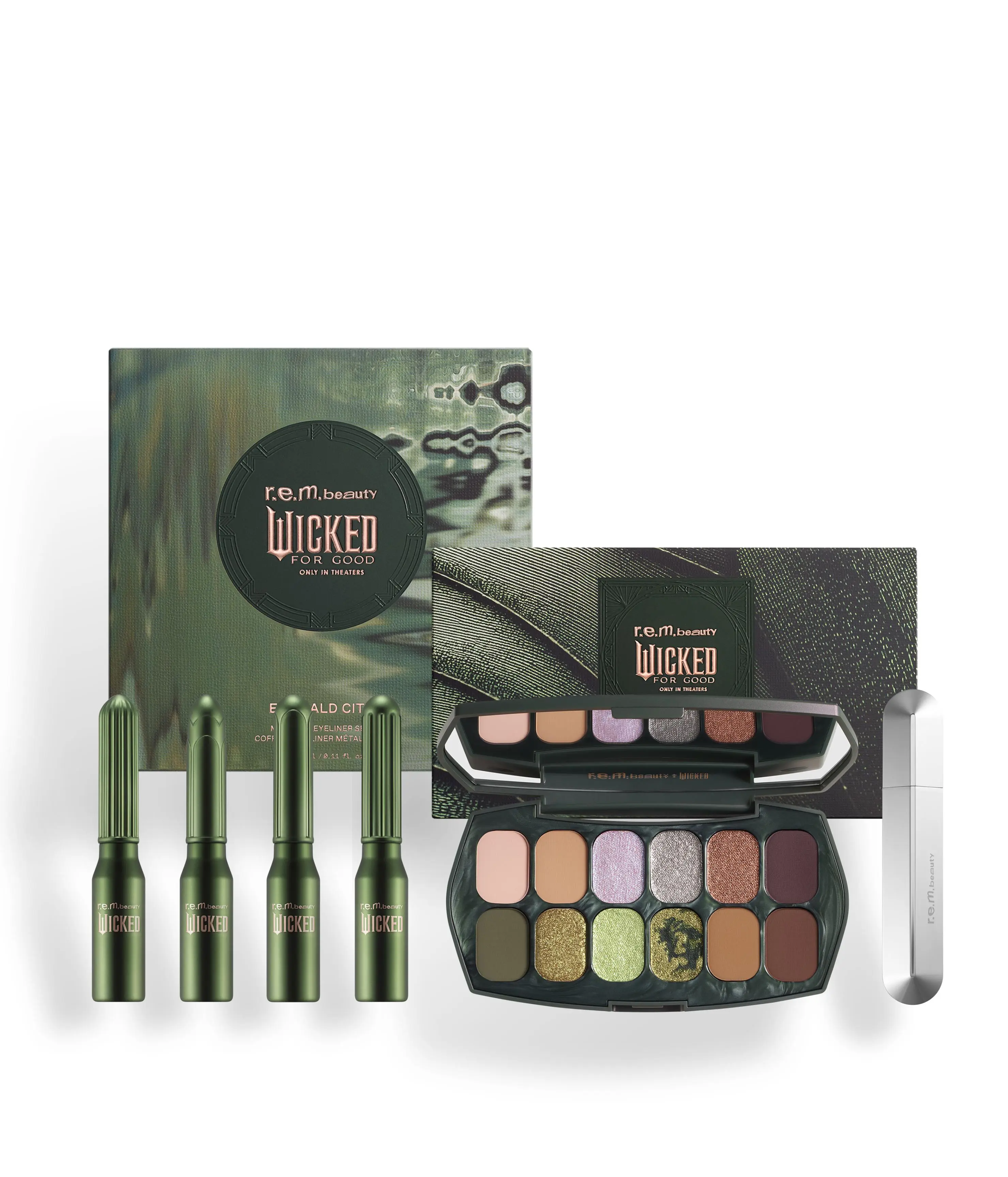 r.e.m. beauty x Wicked: For Good welcome to oz eyeshadow palette & metallic eyeliner set with mascara - clean makeup, highly pigmented