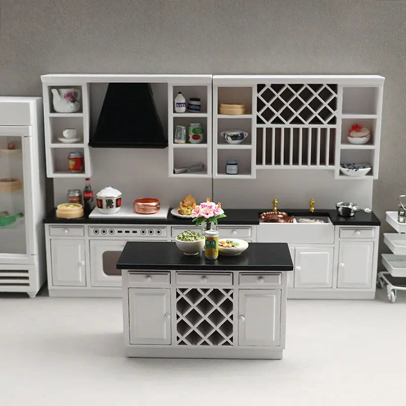 Modern White Kitchen Cabinet 3-Piece Set Kitchen Pretend Play Set 1:12 Miniature Furniture for Dollhouse Scene, Perfect Christmas New Year Gift Idea