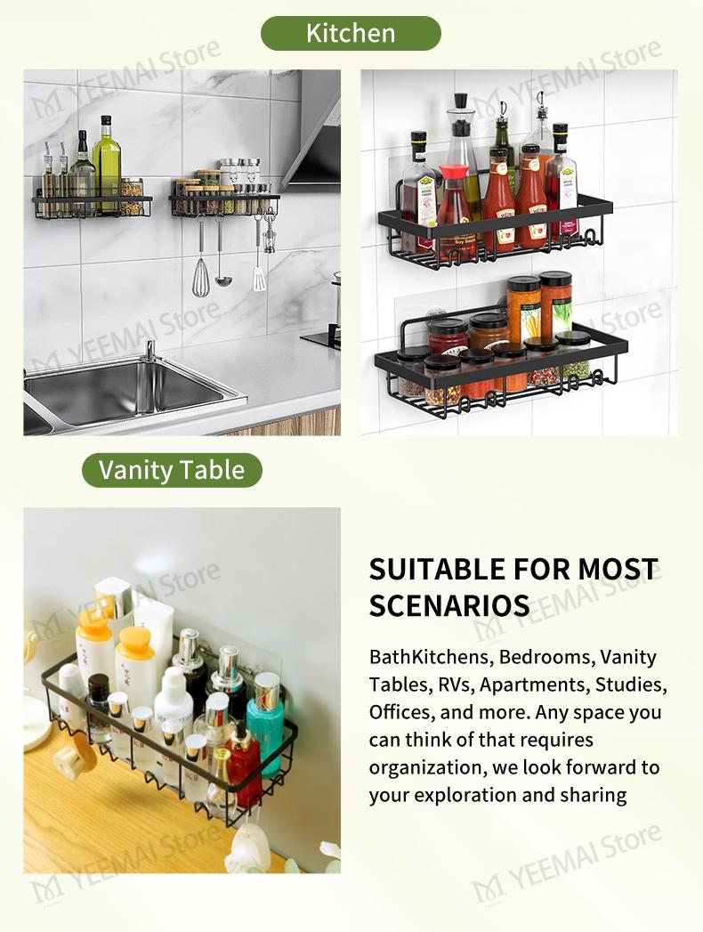 Shower Caddy Shelf Organizer Rack, Self Adhesive Black Bathroom Shelves Basket, Home Farmhouse Wall Shower Inside Organization and Storage Decor, Home Items Accessories, Moforoco Hanging Kitchen&Skincare&Cosmetic Organisers, Hollow Bathroom Rack Shelf