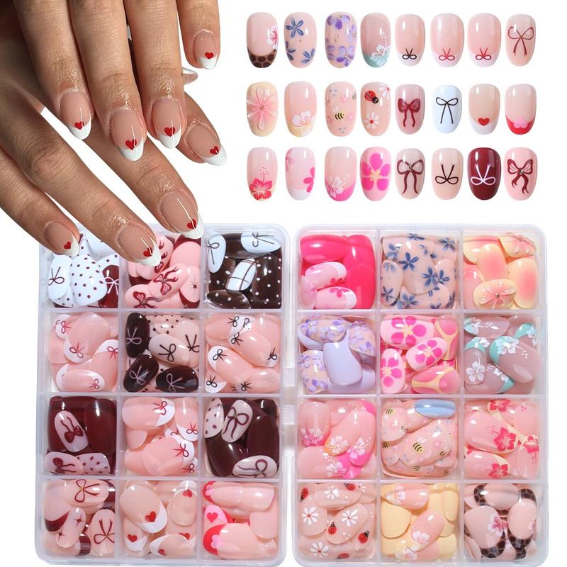 576pcs Short Oval 3D Gel Nail Tips, Mixed Designs, Glossy Finish, Perfect Fit, Summer Use, Daily & Party Nails, Acrylic False Nails Set