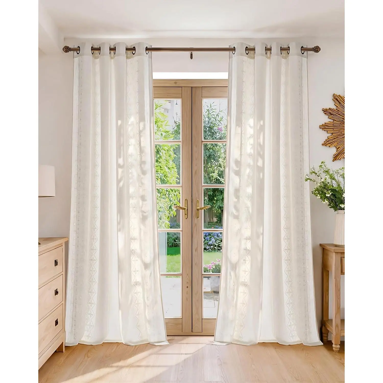 NICETOWN Boho Embroidered Linens Fabric Textured Weave Curtains, Geometric Pattern Window Treatment for High Ceilings, Living Room Decor Loft