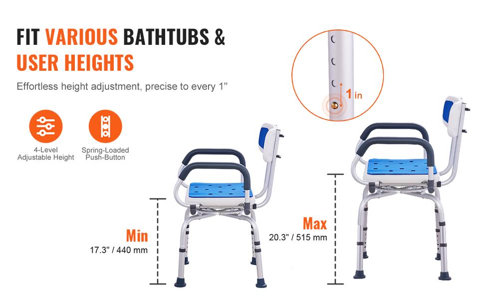 VEVOR Non-Slip Shower Chair, 360° Swivel Bathtub Shower Stool with Pivoting Arms & Padded Seat and Back, Height Adjustable Rotating Bathtub Shower Seat for Elderly Disabled, Max 500LBS Capacity VEVOR Non-Slip Shower Chair, 360° Swivel Bathtub Shower Stool with Pivoting Arms & Padded Seat and Back, Height Adjustable Rotating Bathtub Shower Seat for Elderly Disabled, Max 500LBS Capacity