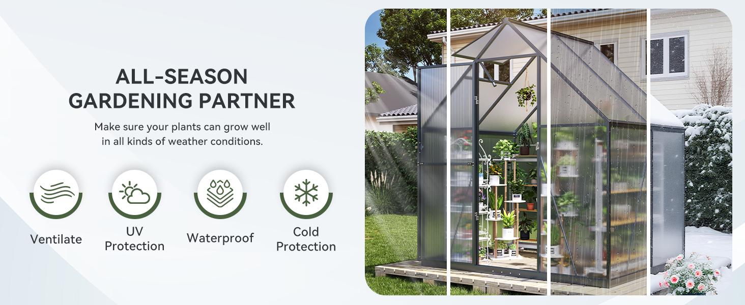 Aoxun 4x6 FT Outdoor Greenhouse, Polycarbonate Greenhouse with Aluminum Frame, Walk-in Green House with Roof Vent, Ground Nails, Lockable Door for Garden Backyard, Patio, Lawn,Quick-Installation Aoxun 4x6 FT Outdoor Greenhouse, Polycarbonate Greenhouse with Aluminum Frame, Walk-in Green House with Roof Vent, Ground Nails, Lockable Door for Garden Backyard, Patio, Lawn,Quick-Installation