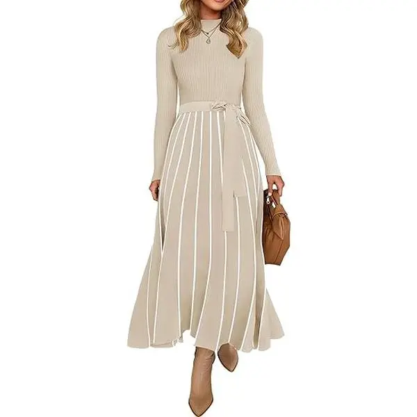 ZESICA Womens 2025 Fall Turtleneck Long Sleeve Sweater Dress Tie Waist Casual Loose Ribbed Knit A Line Midi Dresses