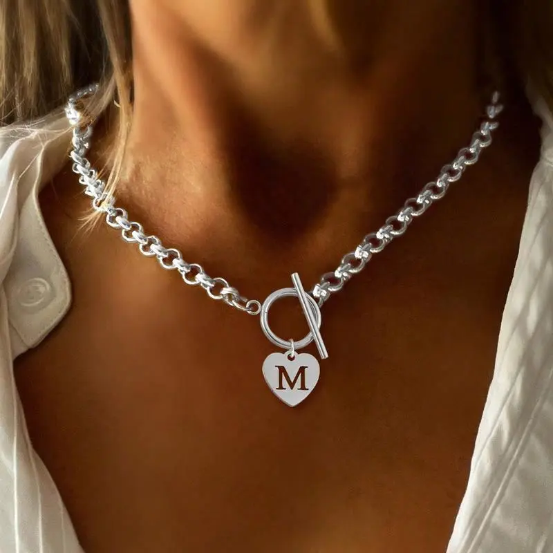 1pc Simple Silver Color Heart Hollow Initial Pendant Toggle Clasps Stainless Steel Chain Necklaces For Women 1pc Simple Silver Color Heart Hollow Initial Pendant Toggle Clasps Stainless Steel Chain Necklaces For Women
