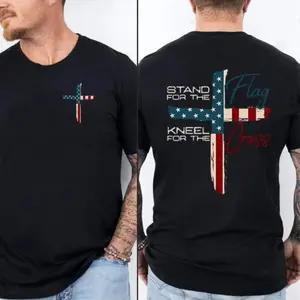Stand For The Flag Kneel For The Cross Patriotic 4th Of July Two Sided Graphic T-Shirt For Men And Women Comfortable Cotton Crew Neck Short Sleeve Casual Tee