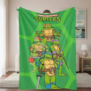 Green Cartoon Turtle Team Flannel Blanket Heroic Ninja Style Art Print Pattern Soft Warm Lightweight Cozy Throw Perfect for Sofa Bedroom Living Room Office Travel Gift Decor