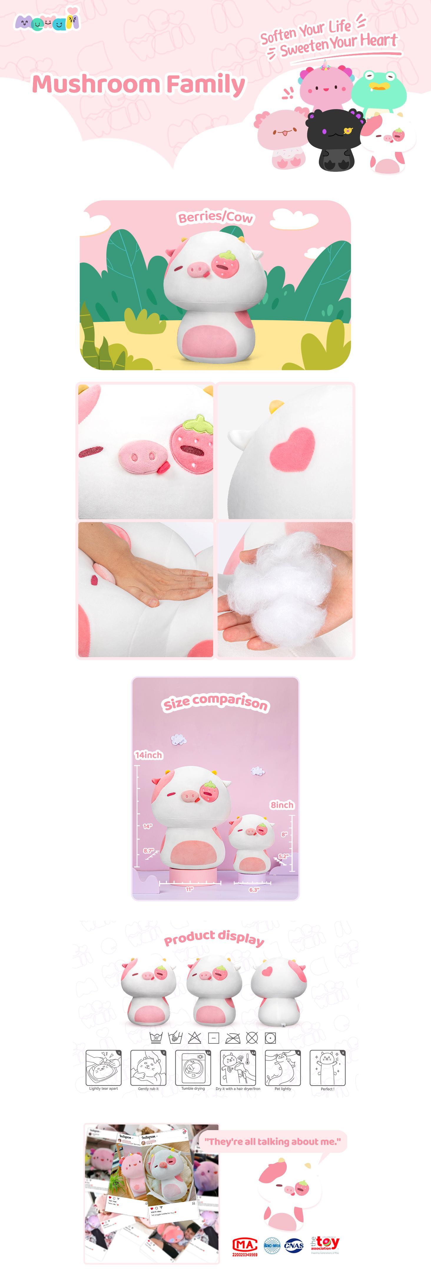 MeWaii  12 inch Mushroom Plush, Strawberry cows Plush Soft Plushies Squishy Plush, Cute Strawberry cows Stuffed Animals Plush Toys Birthday Gifts Halloween Christmas Gift for Girls Boys