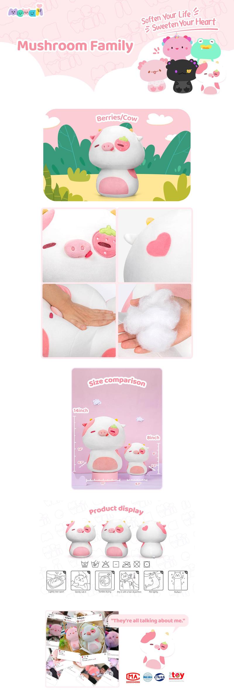 MeWaii  12 inch Mushroom Plush, Strawberry cows Plush Soft Plushies Squishy Plush, Cute Strawberry cows Stuffed Animals Plush Toys Birthday Gifts Halloween Christmas Gift for Girls Boys