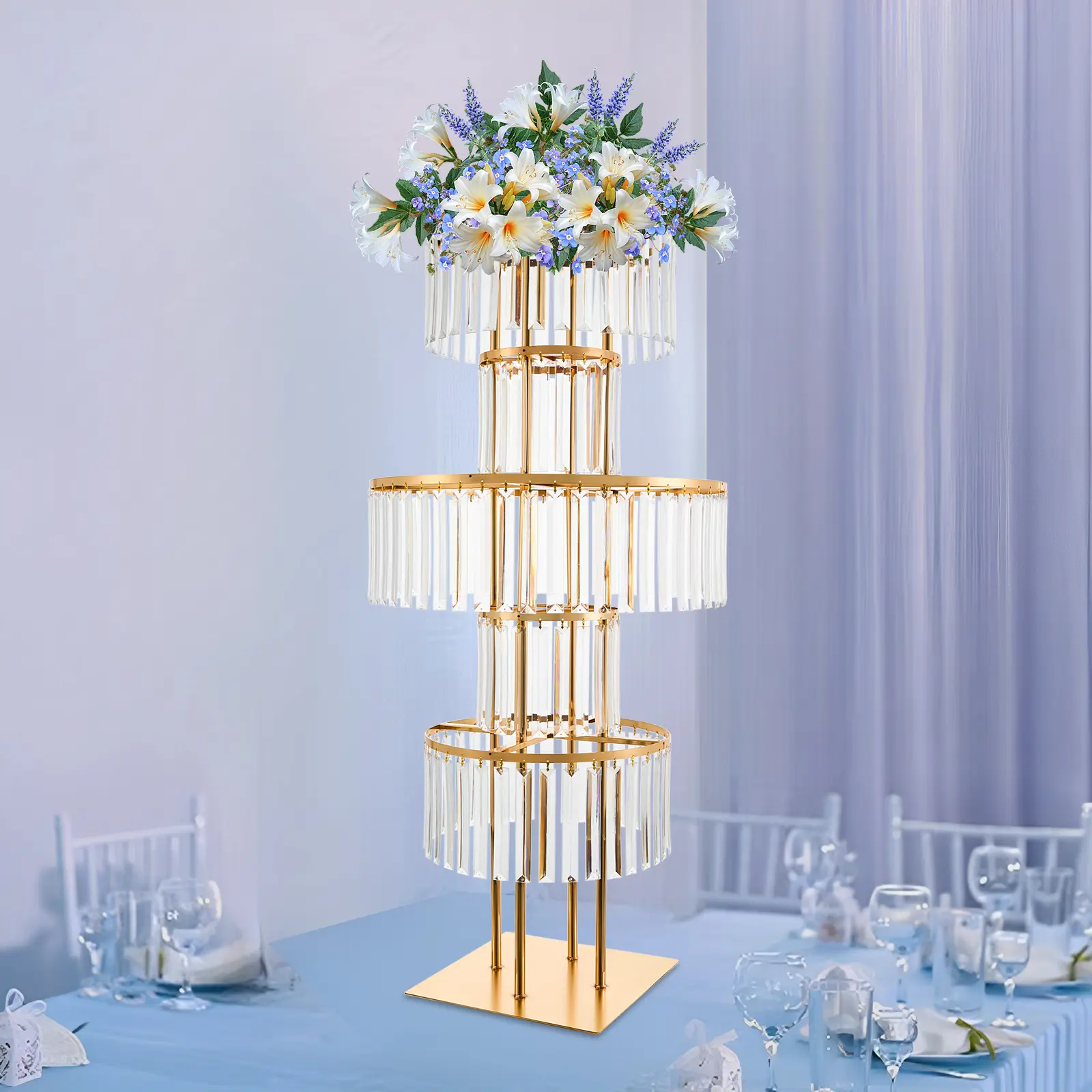 Gold Electroplating 5-Tier Modern Acrylic & Iron Freestanding Floor Stand Shelving & Storage - 43.3" Height Vertical Organizer Stand, Round Crystal Pearl Pendant, Home Decoration Display Rack Shelving & Storage, Wedding Centerpiece