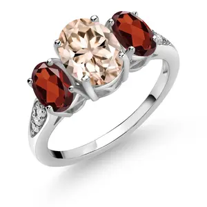 Gem Stone King 10K White Gold 3-Stone Engagement Ring for Women | Gemstone Birthstone and Morganite and Lab Grown Diamond | Oval 8X6MM 6X4MM | Wedding Anniversary Ring