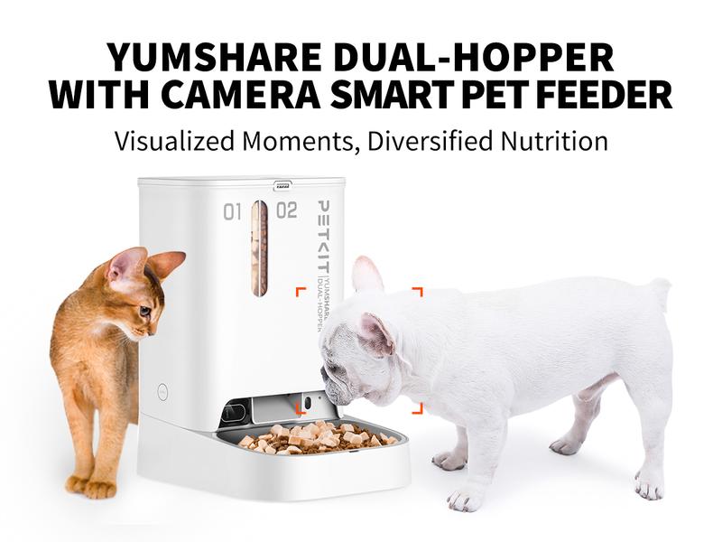 PETKIT YumShare Dual Hopper-2 Automatic Smart Feeder with Camera, White, 1080P HD Video, Night Vision, Double Hopper Pet Dry Food Dispenser for Cats and Dogs, Anti-Stick Bowl, and Smart App Control bowl/dish