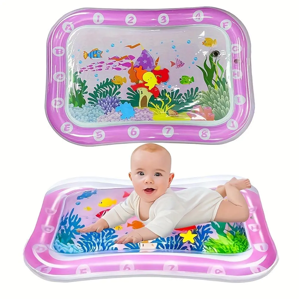Inflatable Tummy Time Water Mat for Newborn Baby Stuff - Unisex Sensory Products, Lightweight Air-Filled Edge Play Toy, Leakproof PVC Frame Mat, Stroller-Friendly Christmas Shower Gift