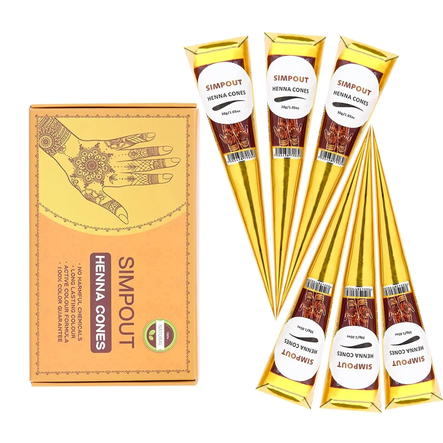 (Pack of 6) 30g 100% Fresh Natural Henna Cones - Original Blend, Plant-Based Temporary Tattoos, 3 Color Options, Beauty & Personal Care, Henna for Beginners