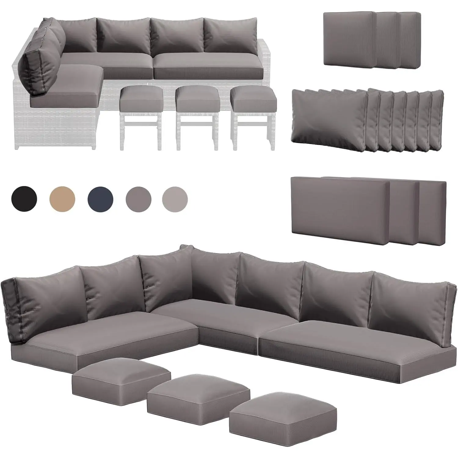 Outdoor Cushions, 4-Inch Memory Foam Patio Furniture Replacement Cushions, Fits 7-Seat Sectional Rattan Conversation Set, Splashproof Covers
