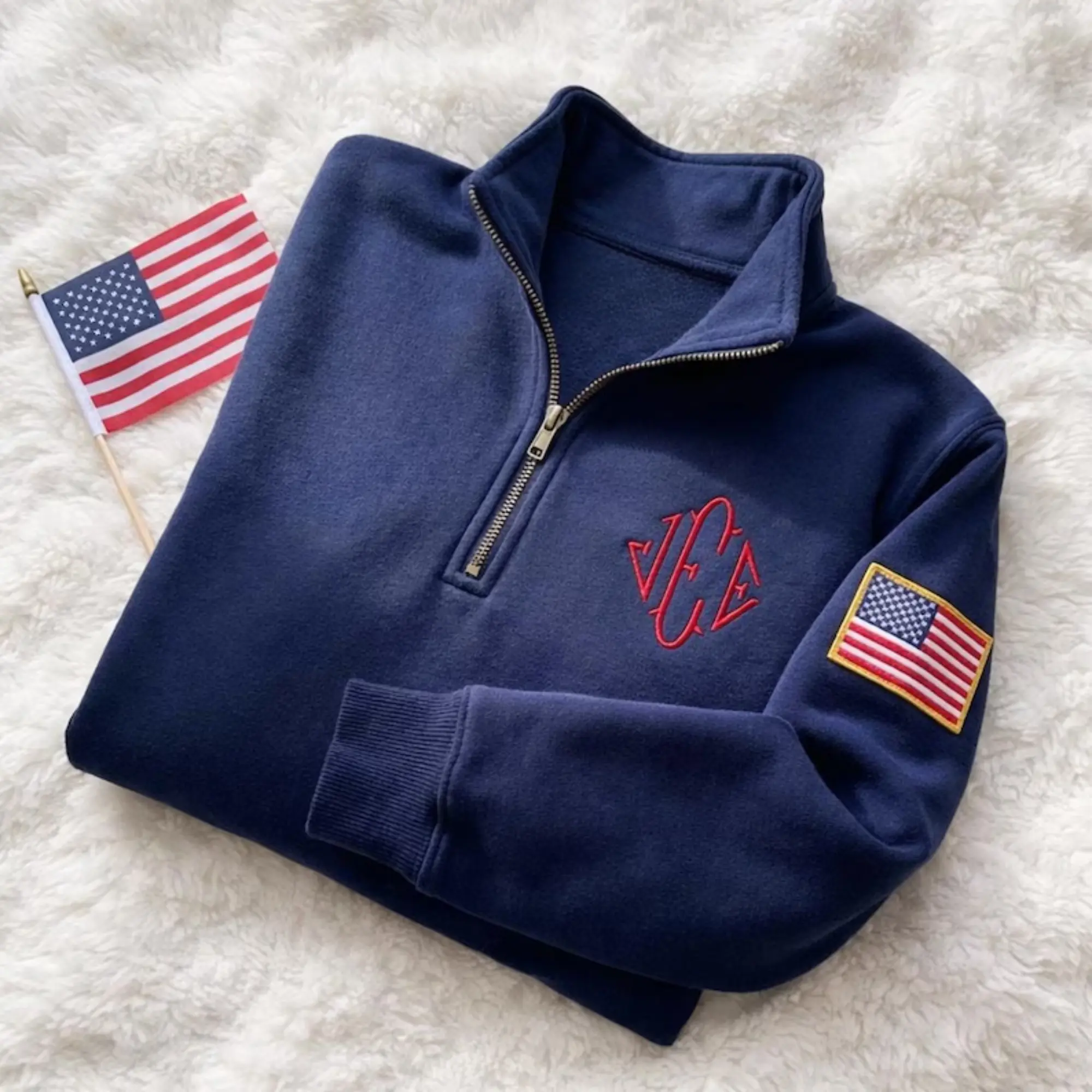 Men's Monogram Quarter Zip Sweatshirt  Navy J.E.E Embroidered USA Flag Sweater, Initials Personalized Gift for Him