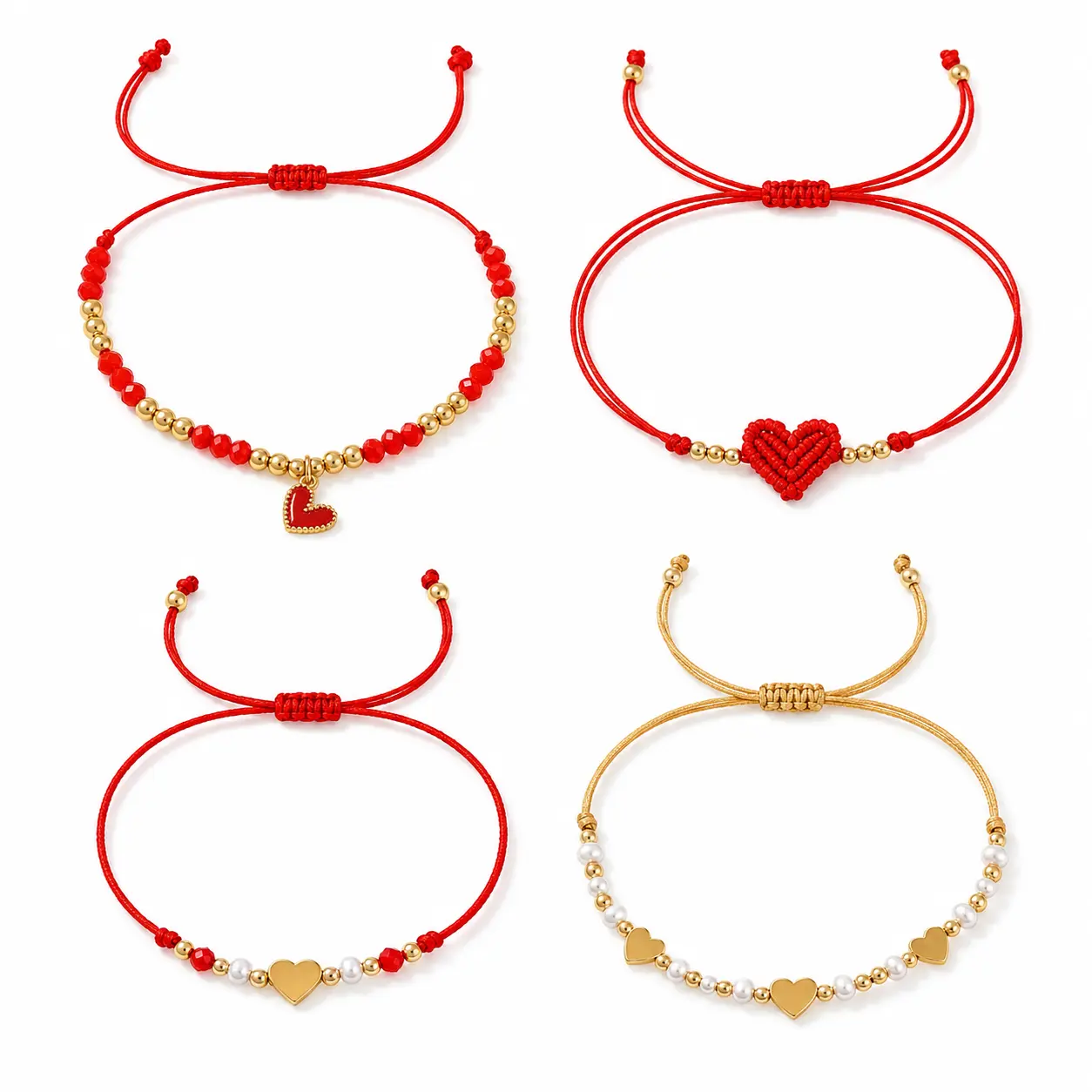 4 Pcs Adjustable Heart Bracelet for Women, Red String & Gold-Tone Beaded Bracelet with Heart Charm, Pearl-Like Beads, Sliding Knot Friendship Bracelet, Cute Everyday Jewelry Gift for Women Girls