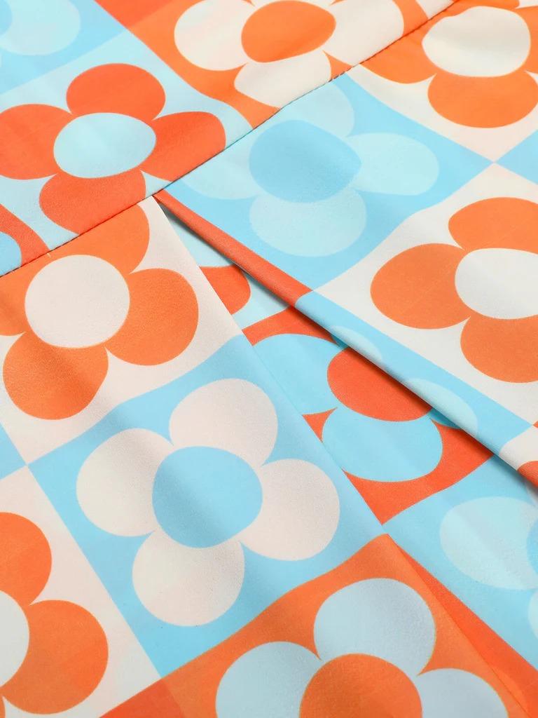 ORANGE & BLUE 1960S FLORAL STAND COLLAR DRESS Bohemian Summer Outfit Casual Everyday Wear