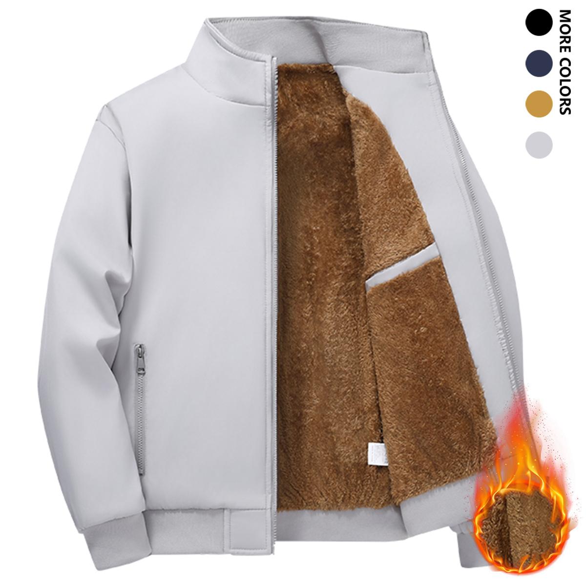 Men's Solid Color Zip Up Hooded Warm Fleece Lined Jacket, Regular Fit Casual Long Sleeve Front Zipper Coat, Suitable for Autumn and Winter, Men's Everyday Wear, Newly Designed Short Fleece Jacket for Autumn and Winter, Warm and Stylish Stand Collar Trendy