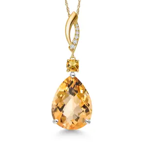 Gem Stone King 925 Silver and 10K Yellow Gold Yellow Citrine and Lab Grown Diamond Pendant Necklace for Women | 11.16 Cttw | Gemstone November Birthstone | Pear Shape Checkerboard 18X13MM | With 18 Inch Chain