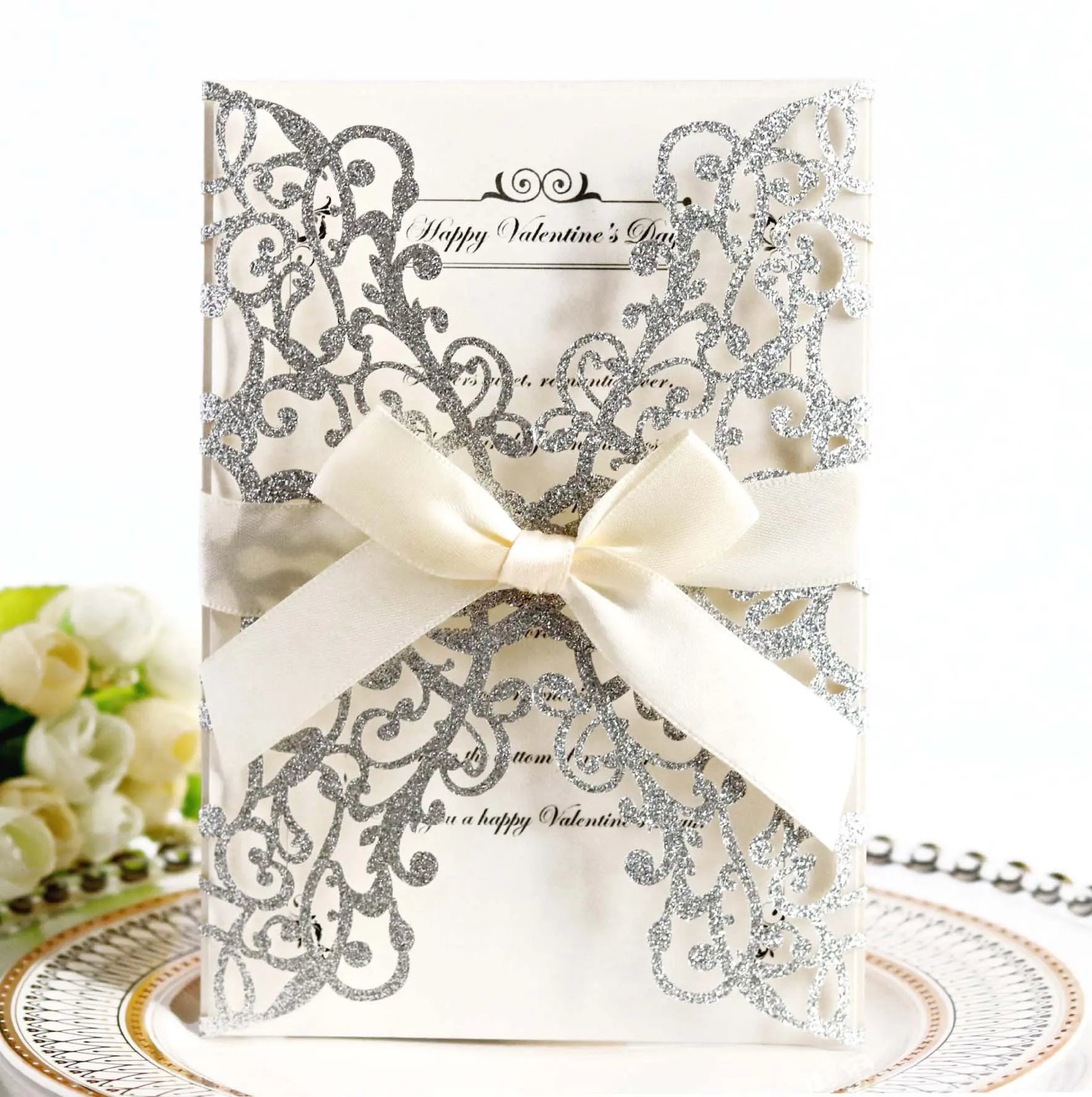 20 Pieces Personalized Gold Glitter Paper Confetti Wedding Invitation, Customized Dusty Rose Laser-Cut Invitation Cards with Envelopes and Ribbons for Wedding, XV Años, Quinceañera Invitation