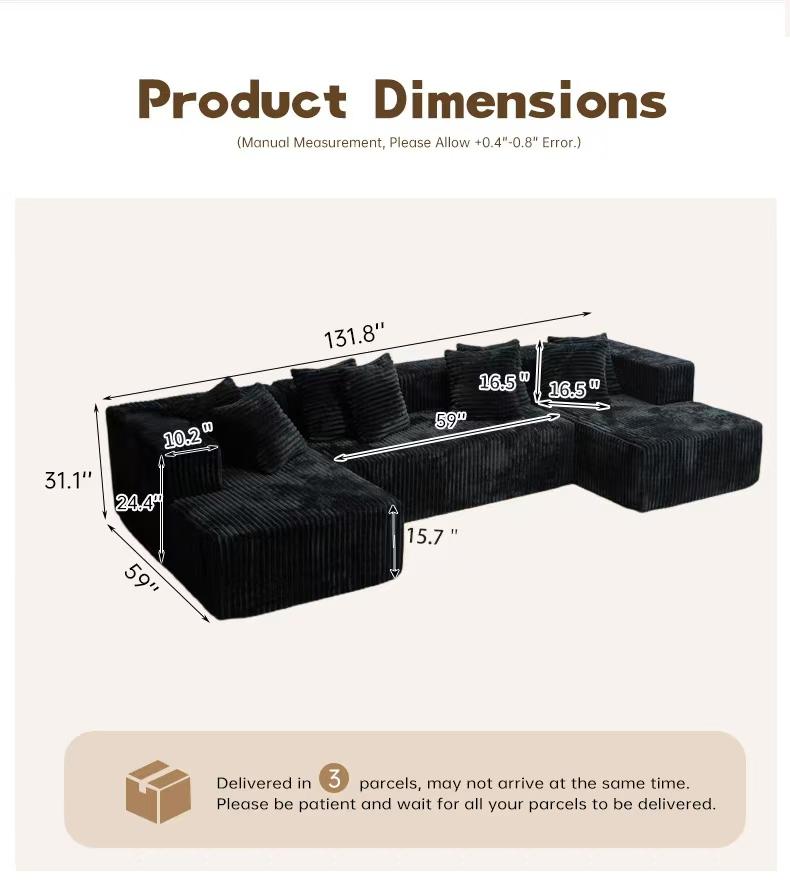 (3 packs shipped) 132"U-shaped modular sofa super comfortable corduroy cloud sofa double recliner no assembly modern living room furniture boneless sectional sofa