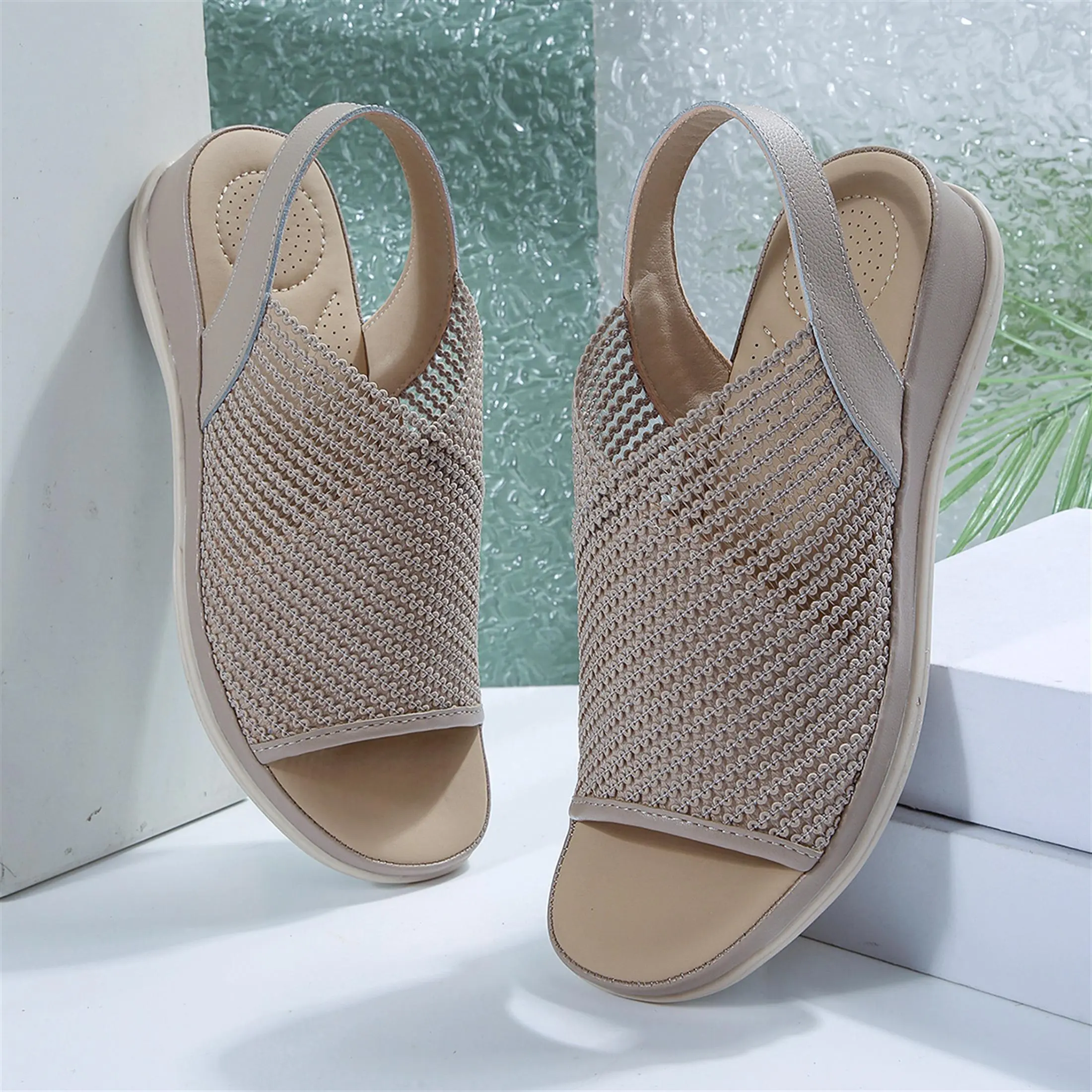 Women's Fashion Peep Toe Wedge Sandals Stretch Knit Slingback Dress Shoes Springfresh