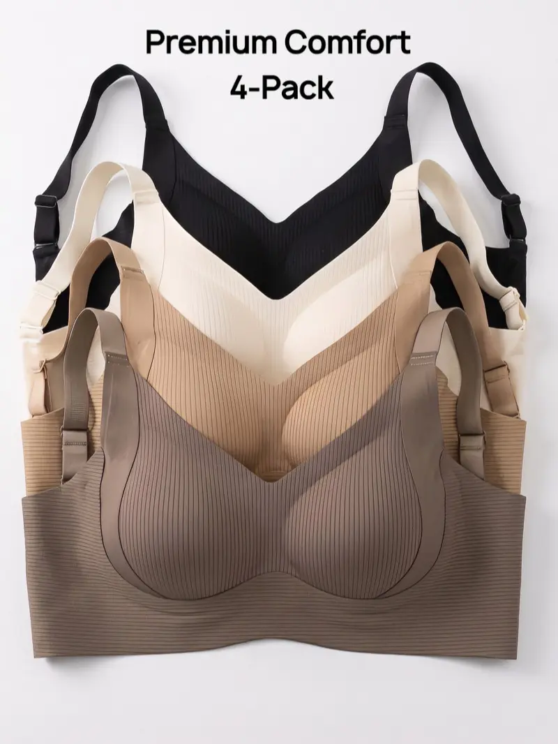 2/4PCS Solid Seamless Ribbed Wireless Bra, Plus-Size Comfort Jelly Bralette, Ultimate Lift Push-Up Everyday T-shirt Bras