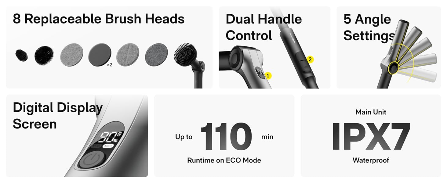 HOTO Flexi Cordless Electric Spin Scrubber, Adjustable Angle, Extendable Handle, Smart Display, IPX7 Waterproof, Powerful Cleaning Scrubber with 8 Replaceable Brush Heads, for Bathroom, Tile, Bathtub