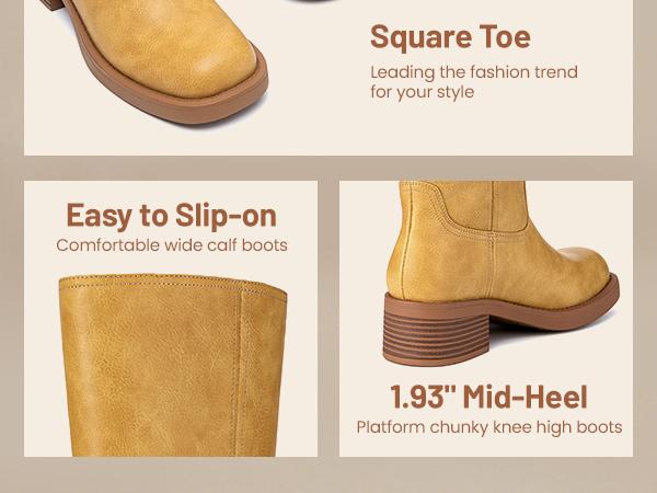 Athlefit Women's Banana Mid Calf Boots Square Toe Wide Calf Slip On Chunky Riding Boots for Women Low Heel Shoe Footwear Stylish Leather