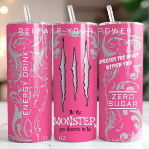 Pink Monster Energy Drink Tumbler 20oz Skinny | Pink Aesthetic Sublimation Design | Seamless Tumbler Design | Gift For Him And Her