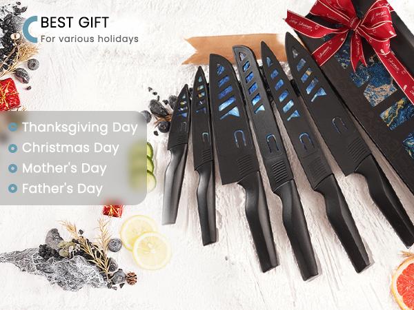 Astercook 6 Pcs Stratigraphic Series Kitchen Knife Set, German High Carbon Stainless Steel Dishwasher Safe Blade Block,  Kitchen Knives Cutting