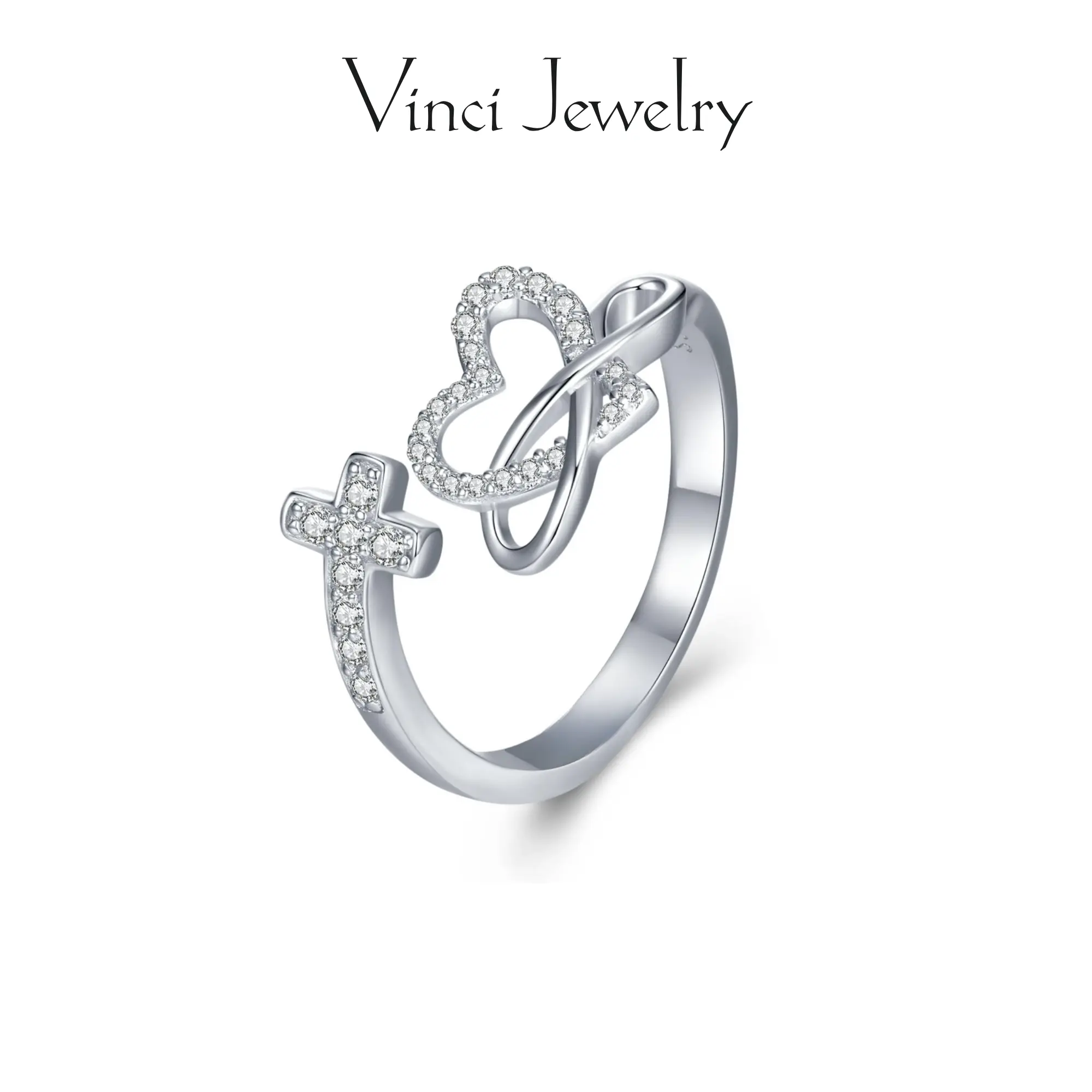 925 Cross and Heart Infinity Open Ring with Cubic Zirconia, Modern Faith and Love Symbol Jewelry for Women, Adjustable Spiritual Protection Amulet Gift for Girls & Lover, Perfect for Daily Wear and Party