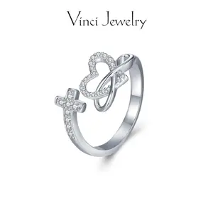 925 Cross and Heart Infinity Open Ring with Cubic Zirconia, Modern Faith and Love Symbol Jewelry for Women, Adjustable Spiritual Protection Amulet Gift for Girls & Lover, Perfect for Daily Wear and Party