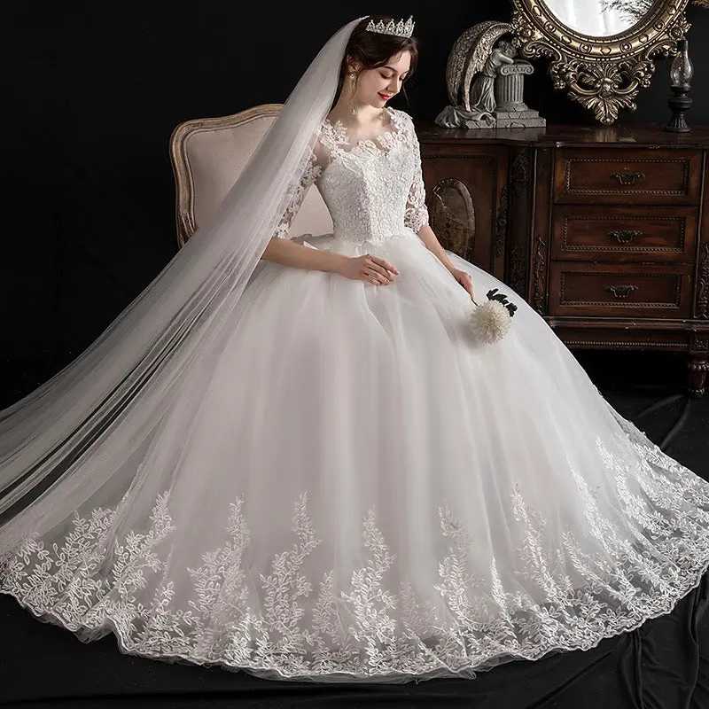 Elegant Lace Ball Gown Wedding Dress for Women, Half Sleeve Bridal Gown with Full Skirt, Formal Women's Clothes, Gown Cut