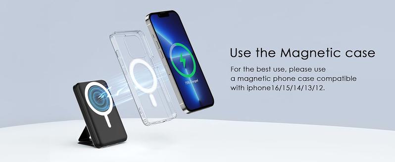 Podoru Wireless Charger with Foldable Stand, 10000mAh for MagSafe Magnetic Portable Battery Pack &USB-C Cable, Compact for iPhone 17/16/15/14/13/12Series
