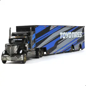 1/64 Scale International LoneStar Semi Truck with Trailer Die-Cast Alloy Model – Heavy Duty Tractor with Opening Hood, Rubber Tires and Full Trailer Set, Collectible Gift for Adults and Kids Black Blue