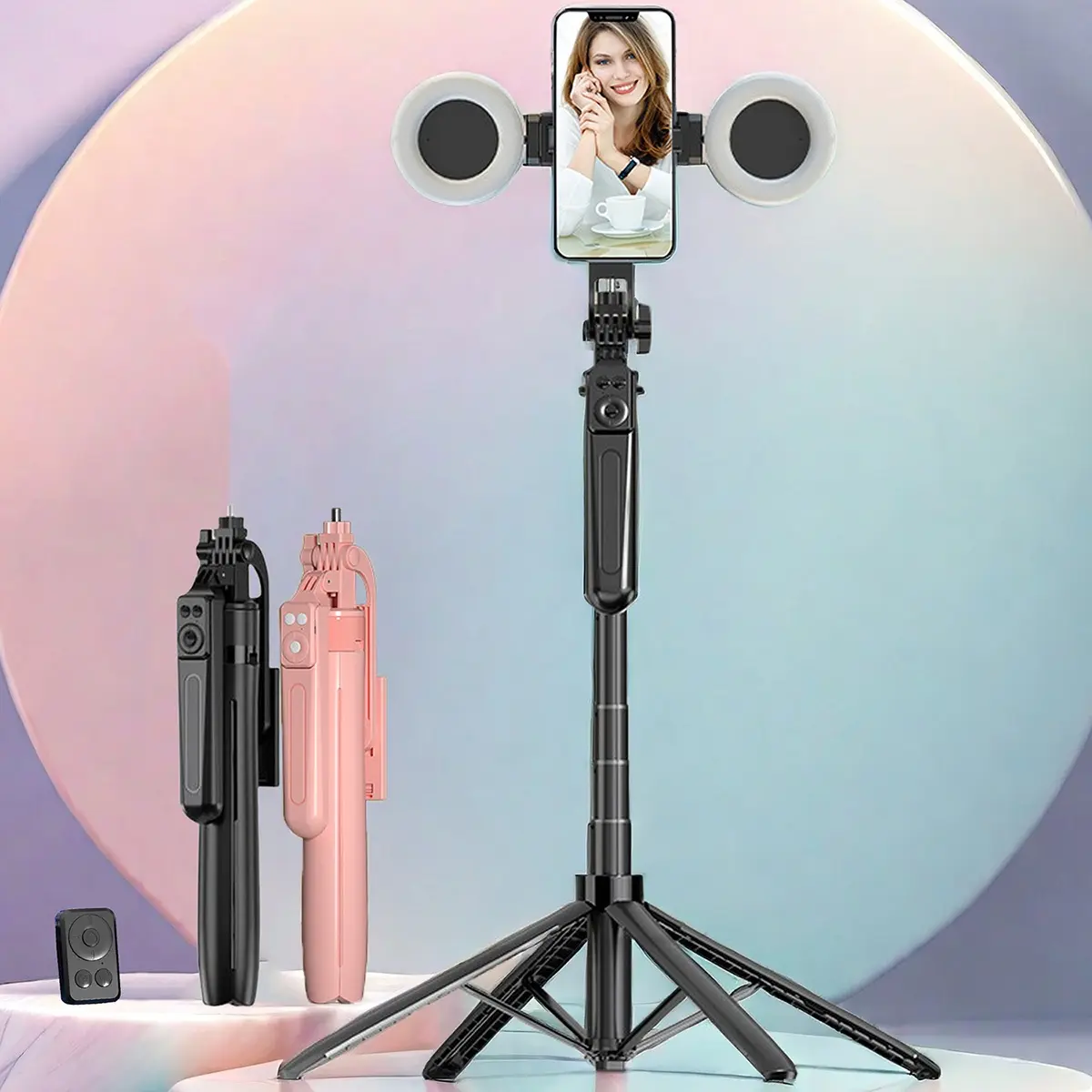 70-inch Selfie Stick Tripod with 2 Fill Lights, Portable Foldable Selfie Stick Tripod with Wireless Remote Control, Smart Shooting Phone Stand for Video Vlog Live Stream, Travel Tripod