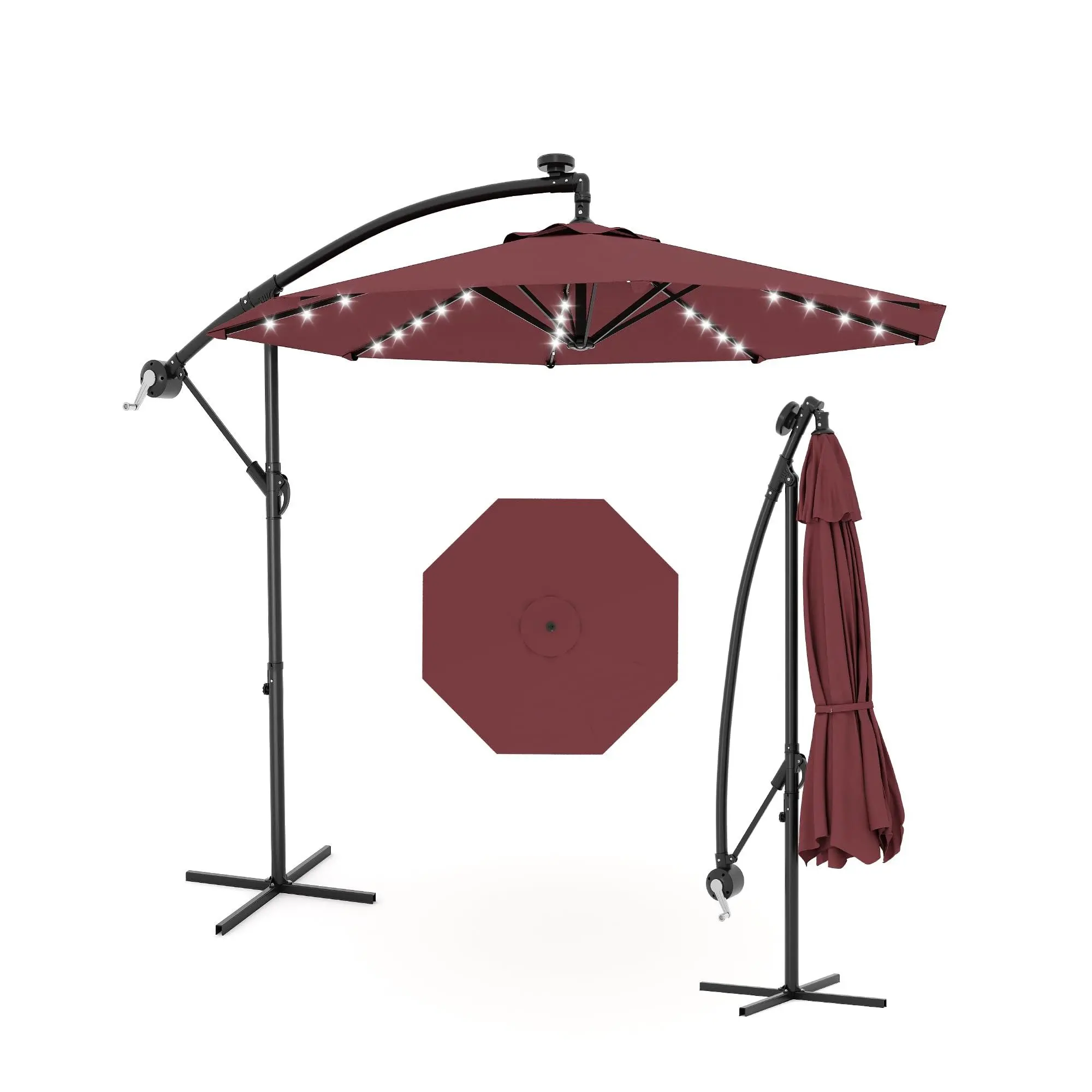 10FT Sturdy Cantilever Sun Parasol Umbrella with Cross Base, Adjustable Tilt Canopy, Iron Ribs, Large Shade, Solid Fabric, Crank Lift, Fade-Resistant Material, Solar Panels, LED Lights for Deck Garden, Patio Parasol