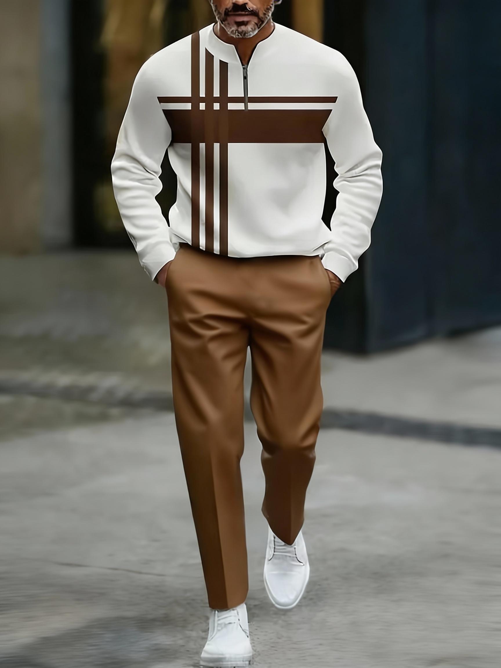 Half Zipper Fashion Casual Set with Trendy Personalized Stripe Design Simple Comfortable Versatile Sportswear Clothing