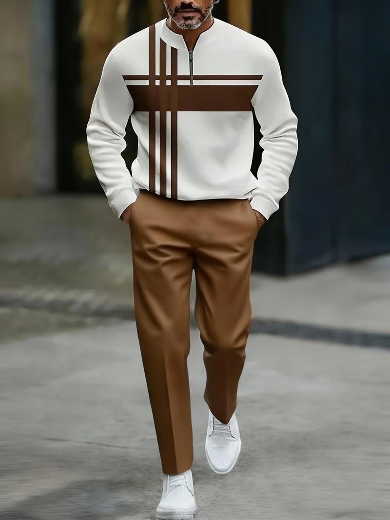 Half Zipper Fashion Casual Set with Trendy Personalized Stripe Design Simple Comfortable Versatile Sportswear Clothing