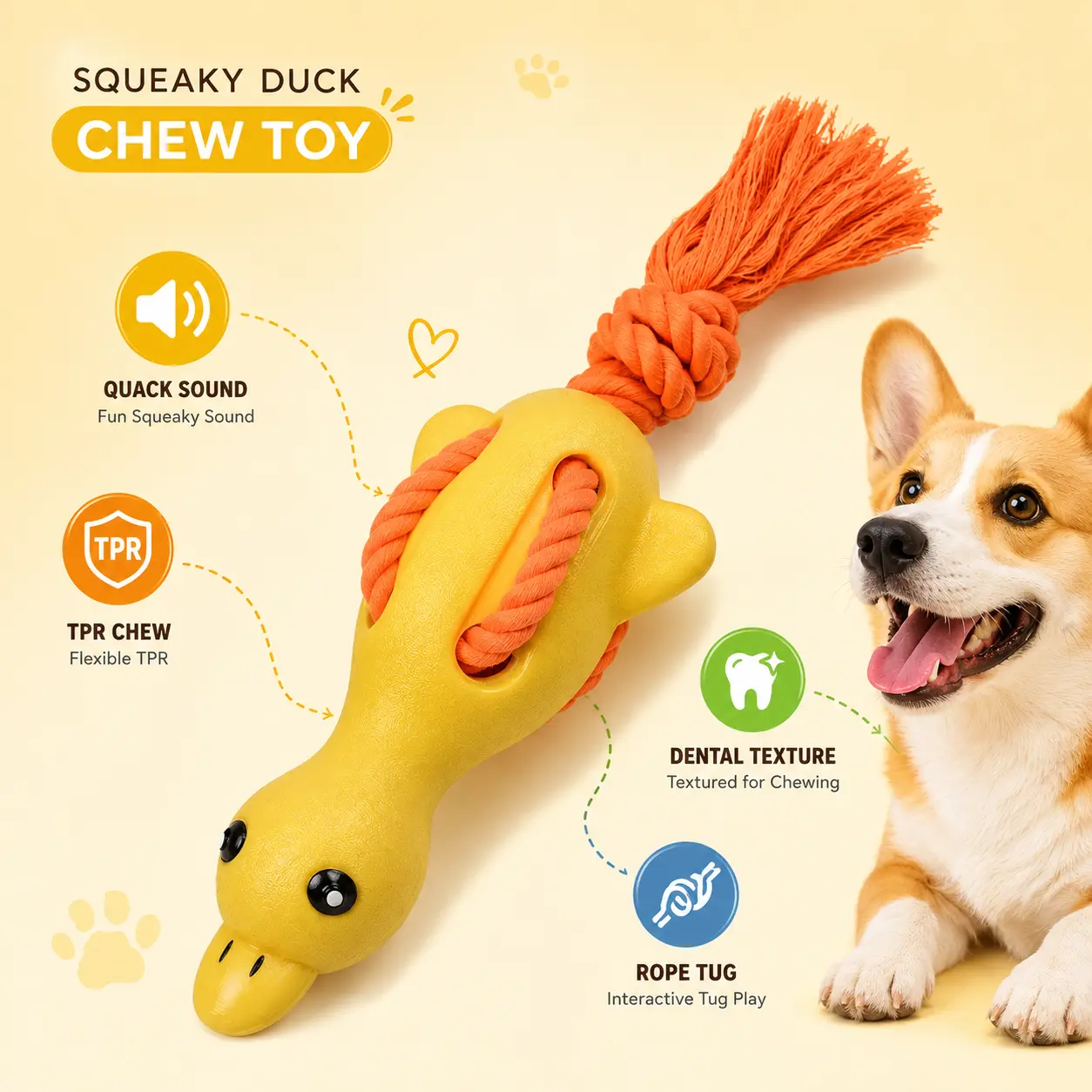 Squeaky Yellow Duck Dog Toy with Tail Rope, Interactive Tug & Shake Toy for Dogs, Funny Squeaker Plush Toy for Puppies, Chew & Play Toy for Small to Medium Dogs