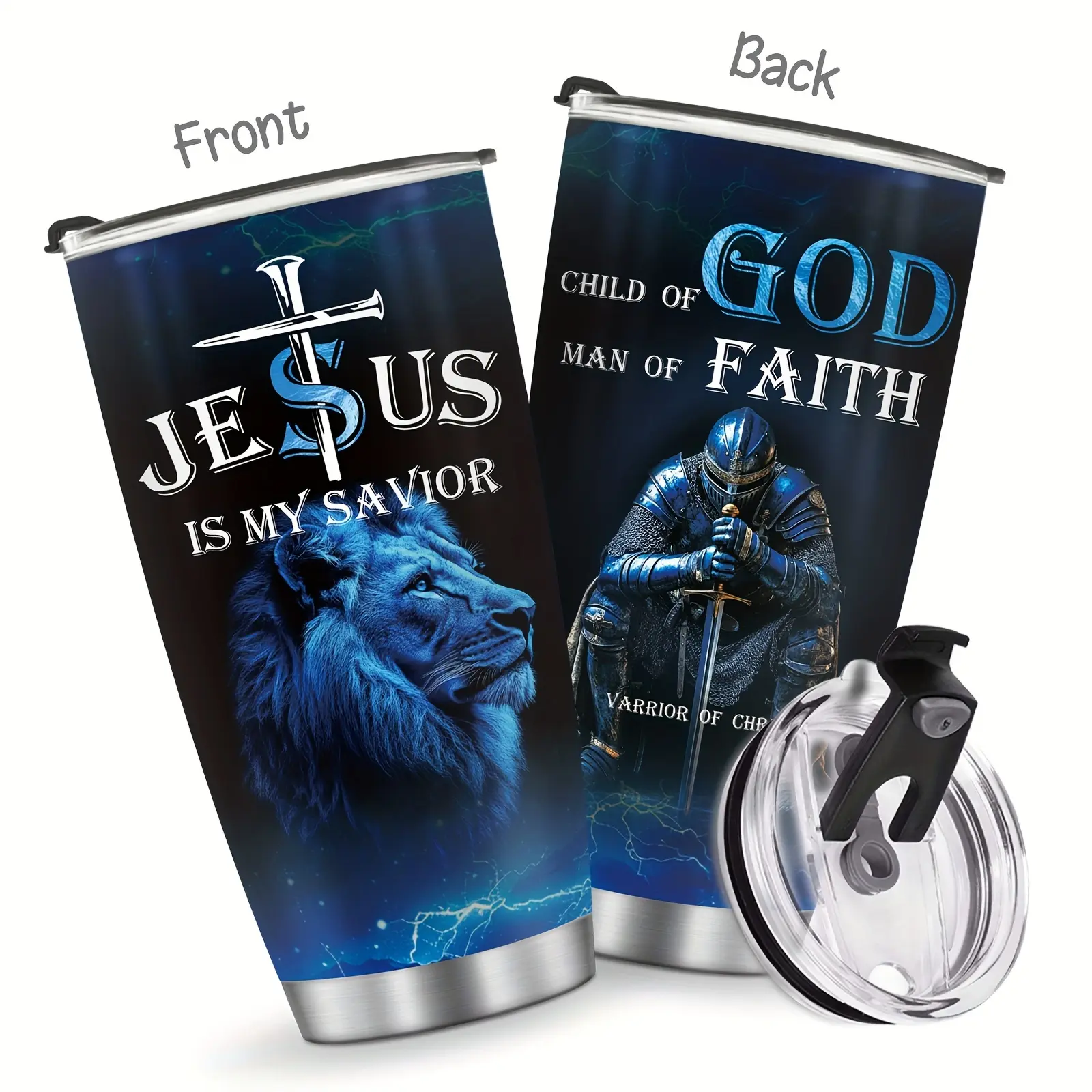 20oz Christian Warrior Stainless Steel Insulated Tumbler, Jesus Is My Savior Lion Knight Coffee Cup with Lid, Portable Faith-Based Inspirational Drinkware for Men, Religious Gift Vacuum Flask
