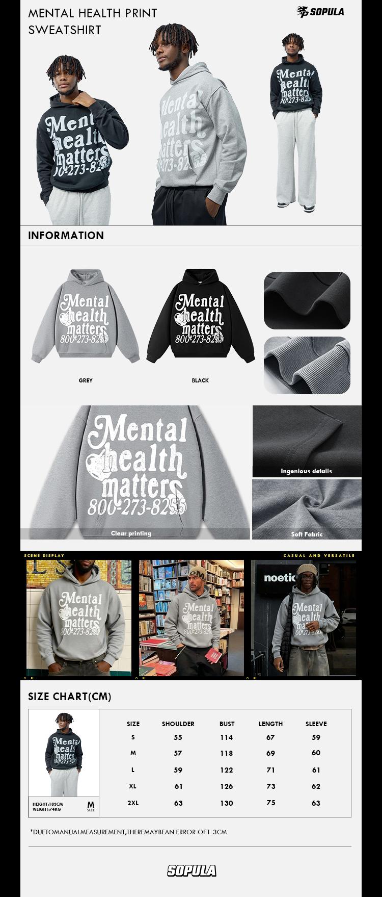 Sopula Studio Men's Mental Health Matters Casual Long Sleeve Pullover Hoodie Sweatshirt for Men & Women 100% Cotton Grey Black